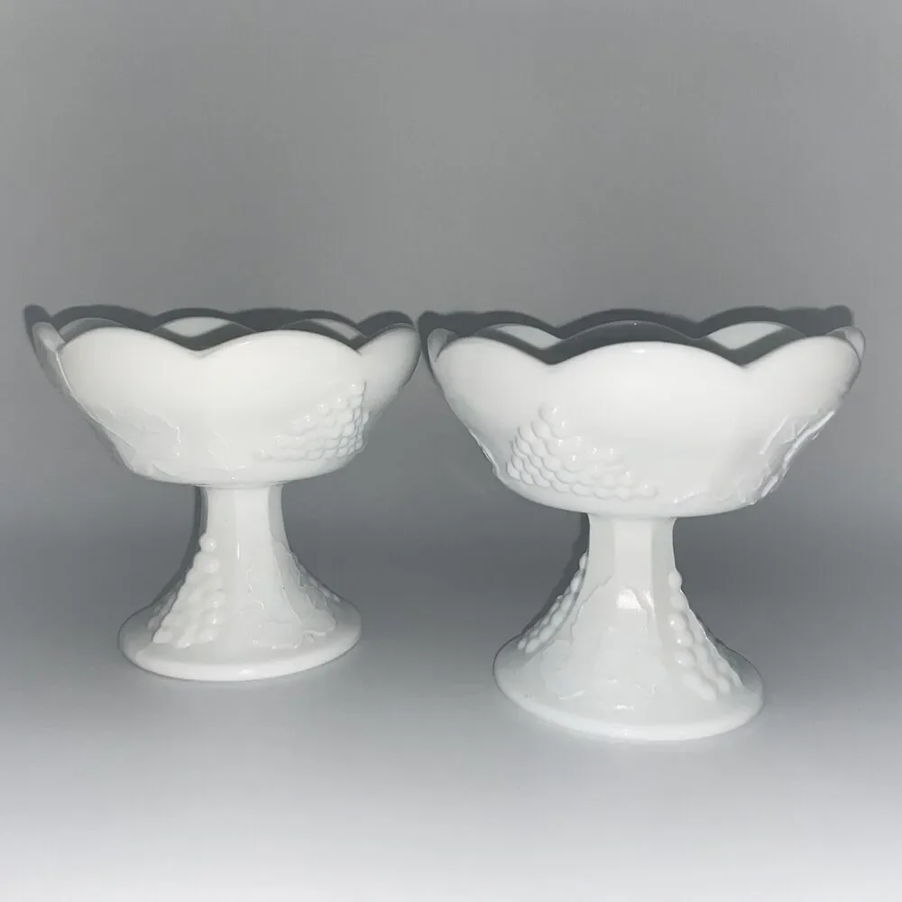 Pair of Vintage Indiana Colony Harvest Grape Milk Glass Pedestal Candle Holder